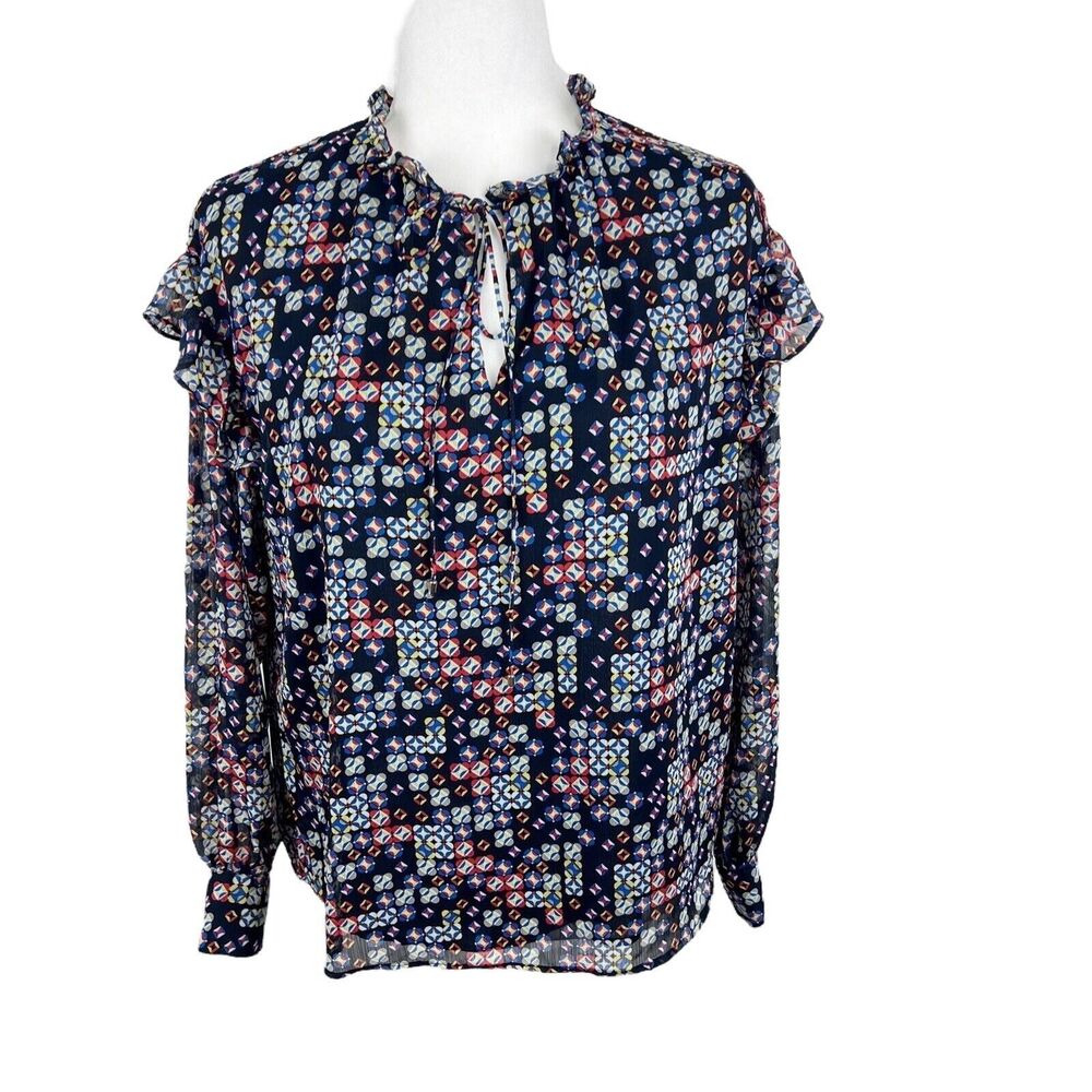 Tommy Hilfiger Blouse Women Medium Geographic Printed Ruffled Long Sleeve Top